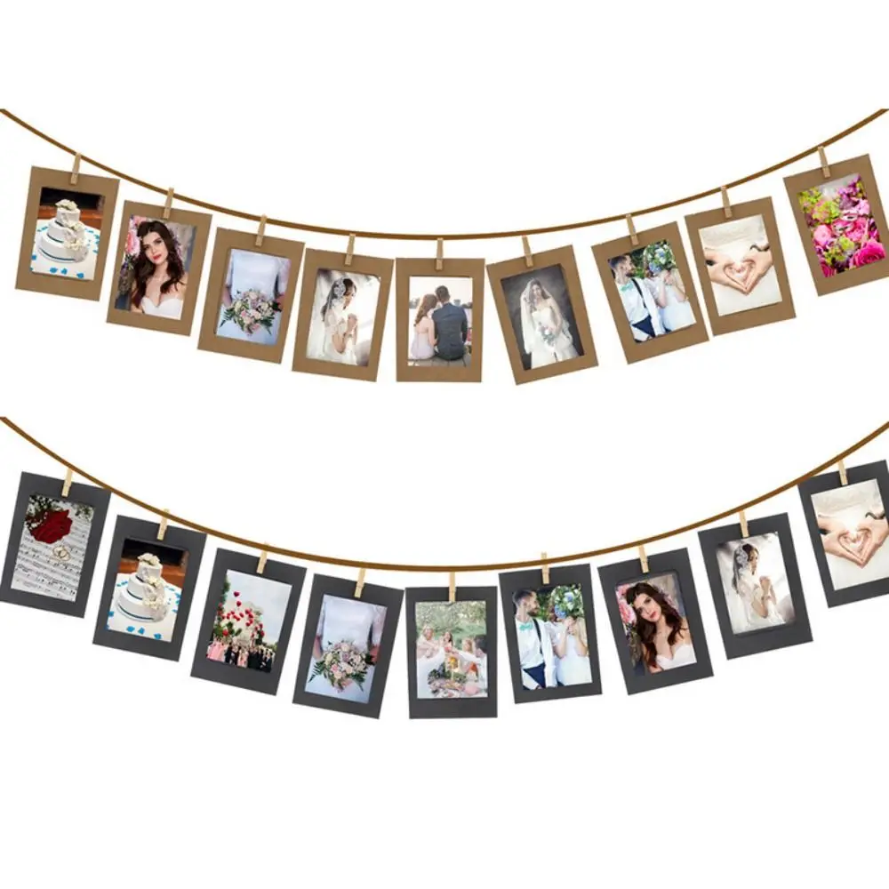 10Pcs/Set DIY Craft Paper Photo Frame With Clips Rope Wall Photo Frame Hanging Picture Album Wedding Happy Birthday Home Decor