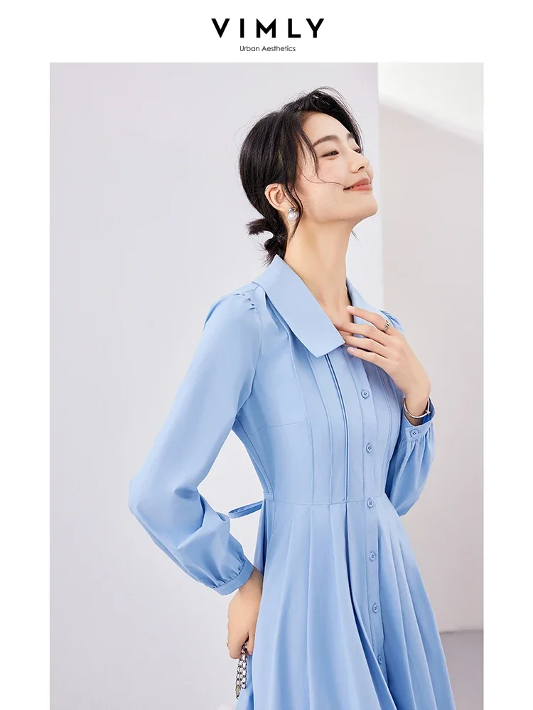 Vimly Cotton 100% Women\'s Blue Button Up Shirt Dresses 2023 Autumn Fashion A-line Lapel Long Sleeve Elegant Midi Dress M2917