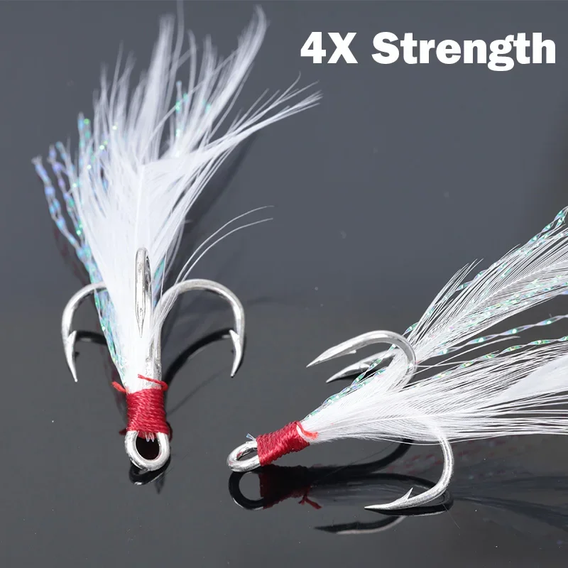 10pcs Lure Treble Hooks 4X Strength With Feather Tackle Fishing Hook Stronger Carbon Steel Barbed Fishhooks Pesca