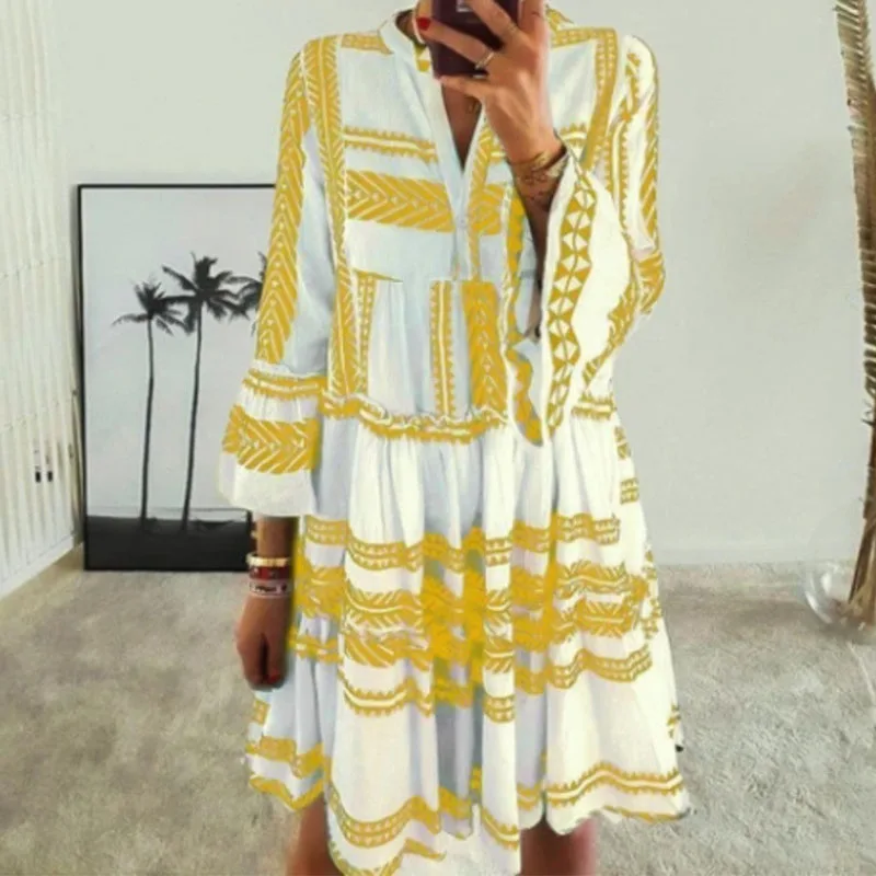 Holiday Boho Women's Summer Mini Dress Sexy Beach Sundress Spring Autumn Three-Quarters Sleeved Casual Printed Short Dresses