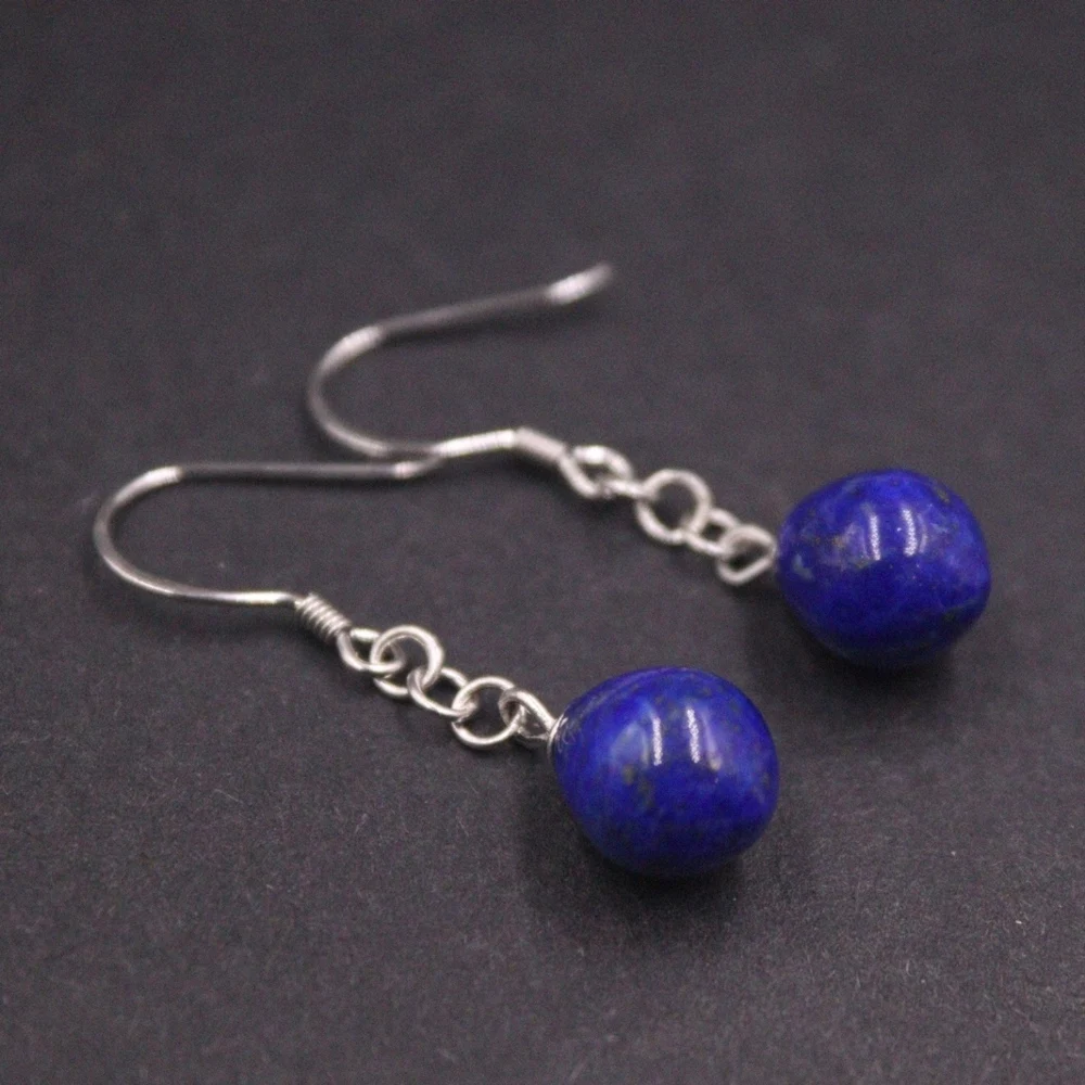 

Real Solid 925 Sterling Silver Dangle Natural Lapis Lazuli Bead Chain Women Lucky Earrings