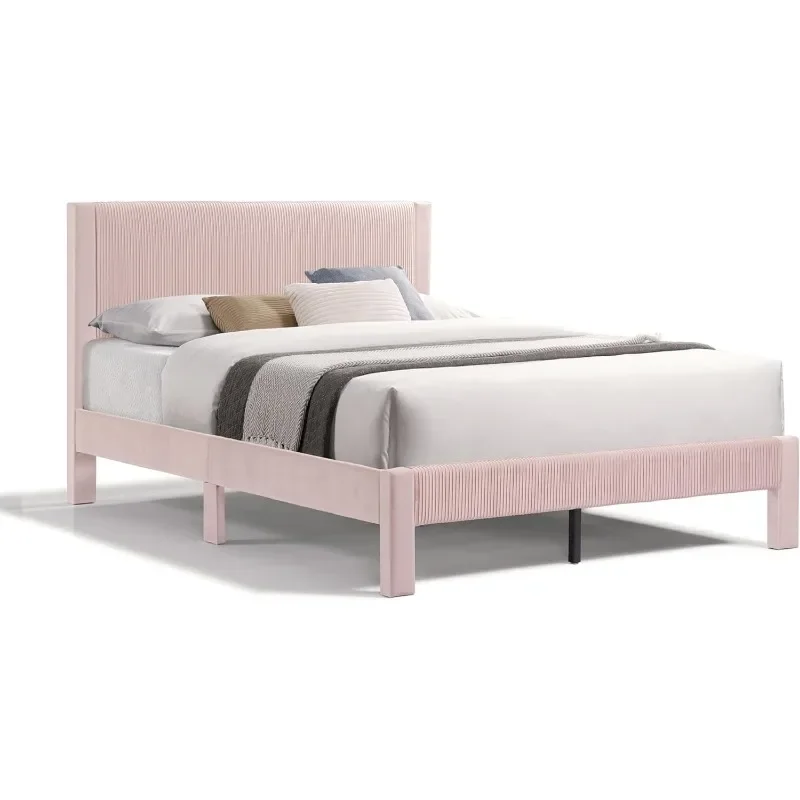 Freya-Modern Velvet Plataforma Cama Moldura com Cabeceira Estofada, Suporte De Ripas De Madeira Para Quarto, Queen Size, Canal