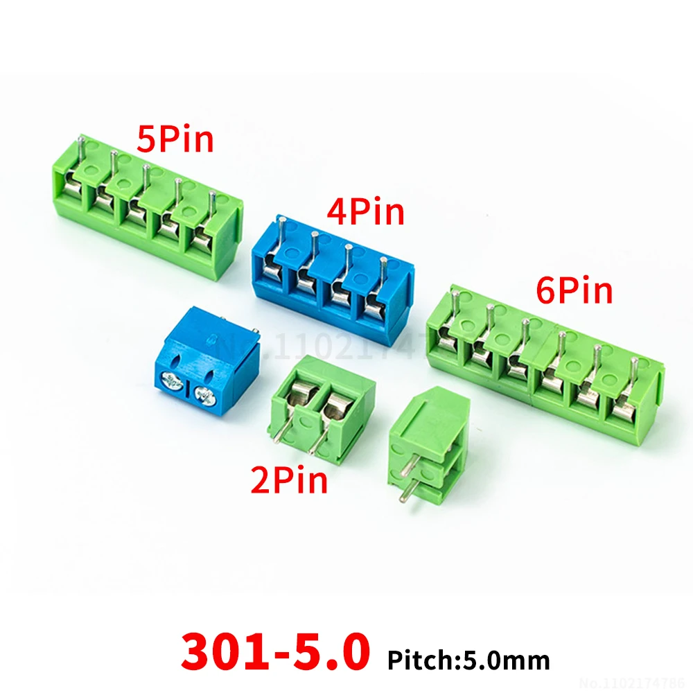 (5 pcs) KF301 - 5.0mm 2~10P terminal block PCB terminal 5.0mm terminal posts modular 306 plug-in 301 5.0 blue and green
