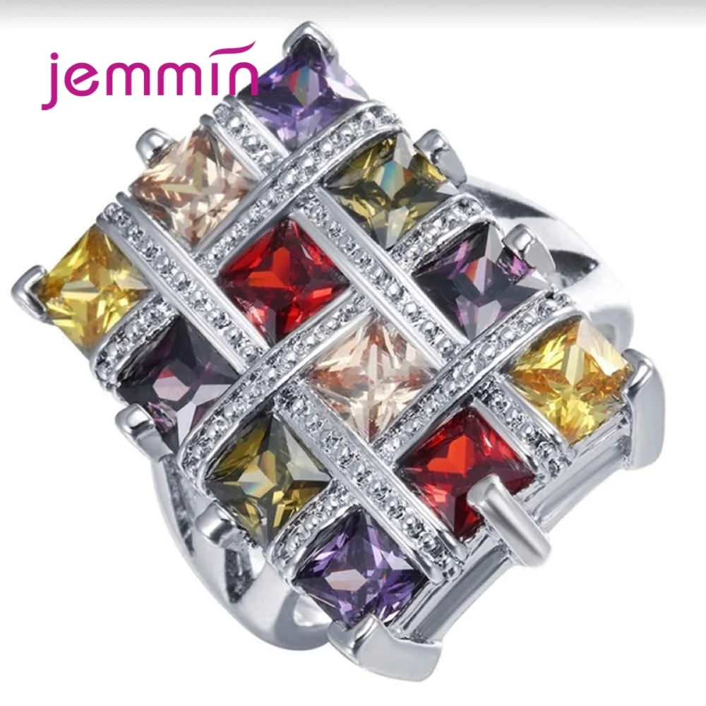Boutique Women 925 Sterling Silver Colorful Geometric Rings Square Big Cubic Zircon Romantic Promise Engagement Jewelry