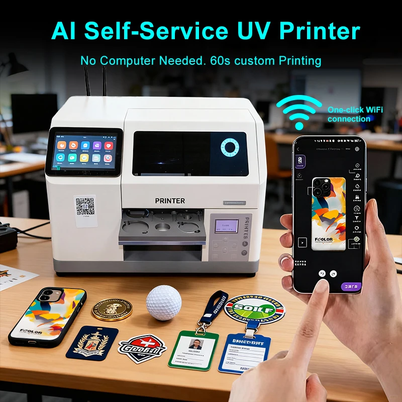 A5 Size AI Smart UV Printer XP600 UV Inkjet Flatbed Printer Mobile App Controlled for Small Format Phone Covers Badge UV Printer