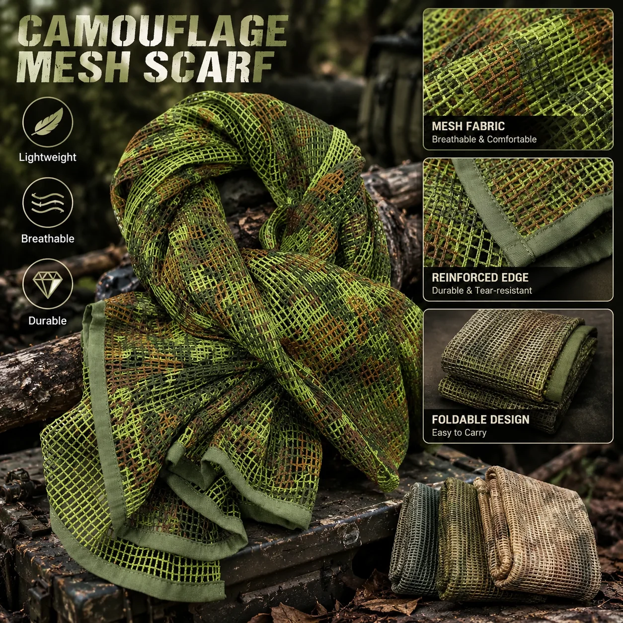 Tactical Camo Mesh Scarf, All‑Weather Breathable Neck Cover, Multifunctional Wrap, Sun Wind & Insect Resistant