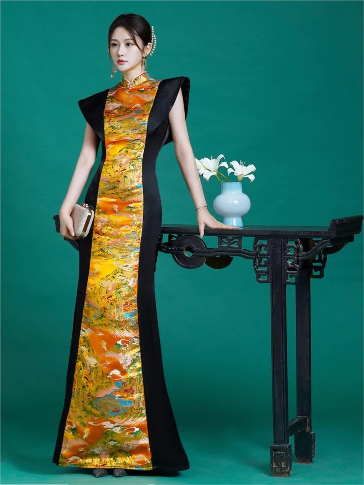 Improved new Chinese-style cheongsam dress for women long fishtail catwalk performance