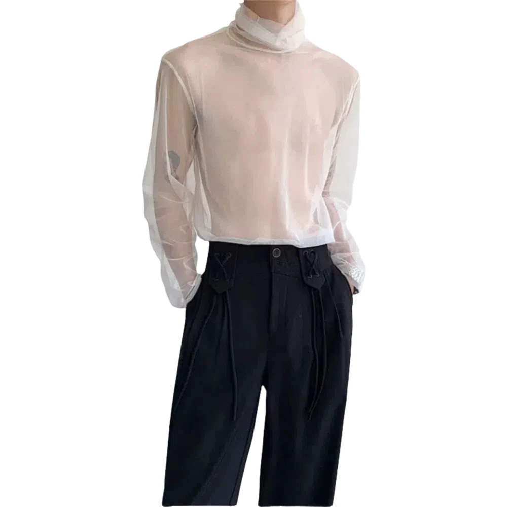 Fashion See-through Transparent T-shirt High Collar Solid Color Long Sleeve T-shirt Streetwear Undershirt Mesh Top Men Nightclub
