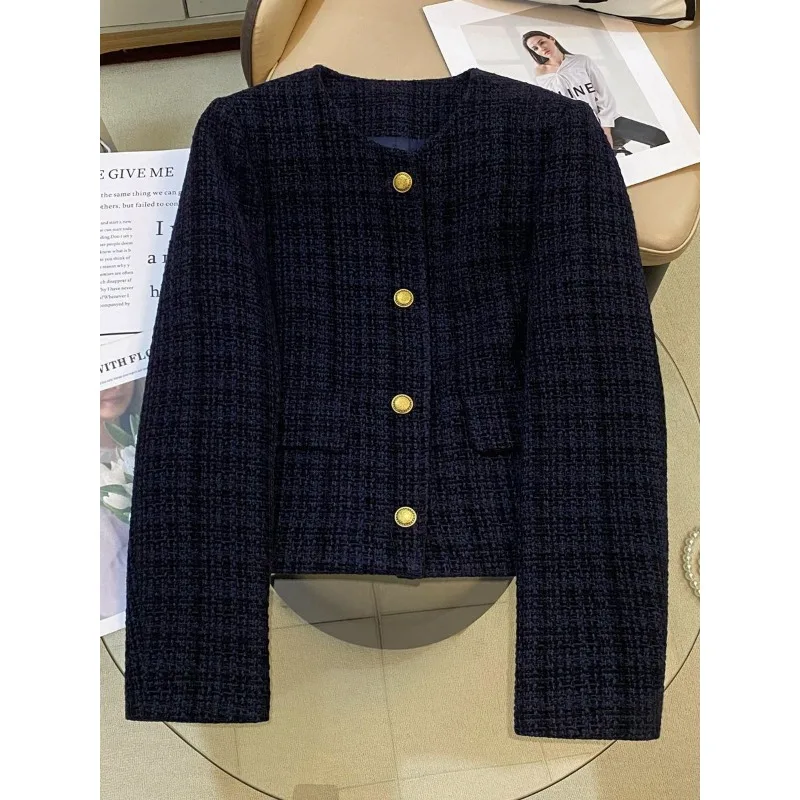 

Модный темно-синий пиджак для женщин, новинка 2023 года, осенний стиль, темпераментный универсальный повседневный топ на пуговицах