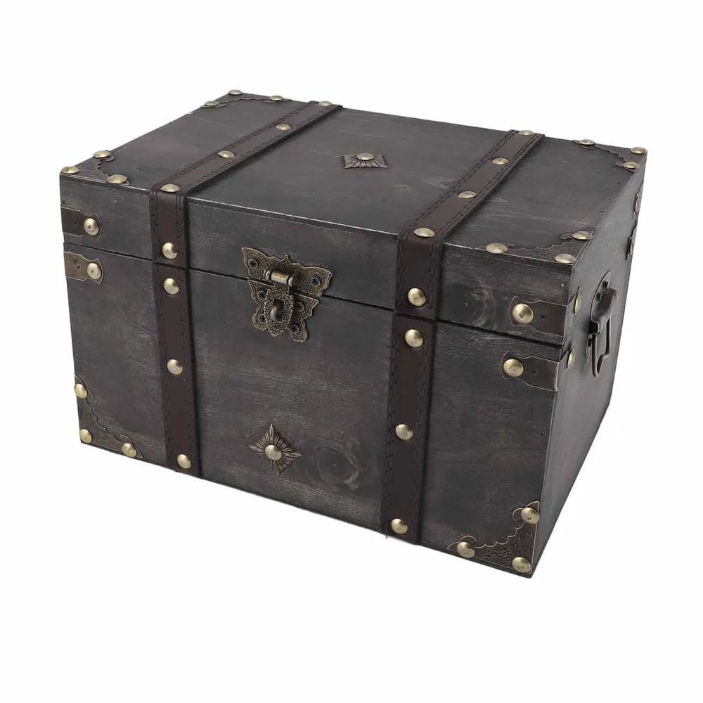 Grey Wooden Storage Box Red Exquisite Decorative Treasure Chest Lockable Lid Large Wooden Jewelry Box Home Bedroom Decor
