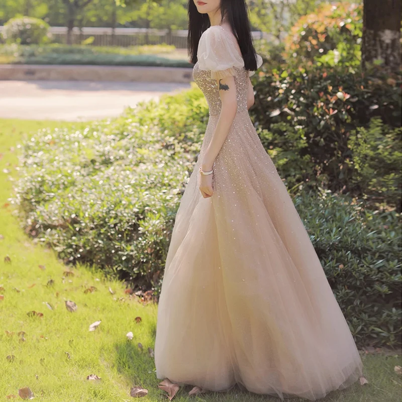 Champagne Color Maids Dr Ele High Waist Ball Gown Long Skirt Slimming ort Sve Bridesmaid Gown for Summer Wedding