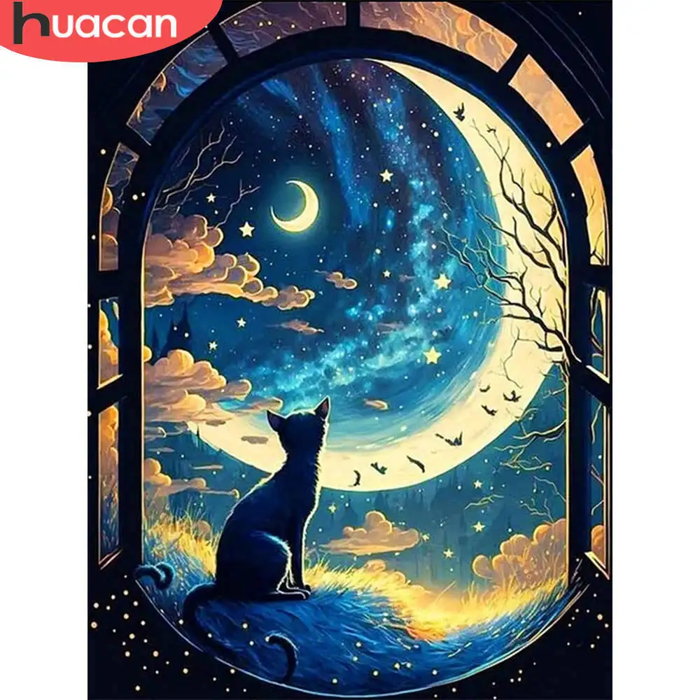 Huacan Diamant-Gemälde, Katze, Tier, voll, quadratisch, rund, Diamant-Stickerei, Diamant-Mosaik, Mond, Landschaft, Strasssteine
