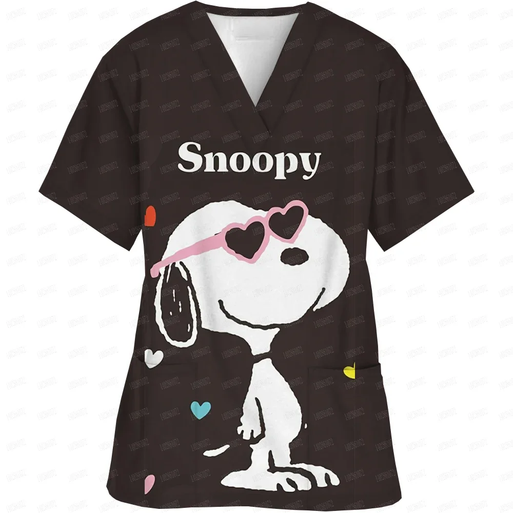 

Cartoon Snoopy Printed Short Sleeve Surgical Gowns Tops Nurses' Uniforms V Neck Clinical Uniform For Woman Nursing Uniform