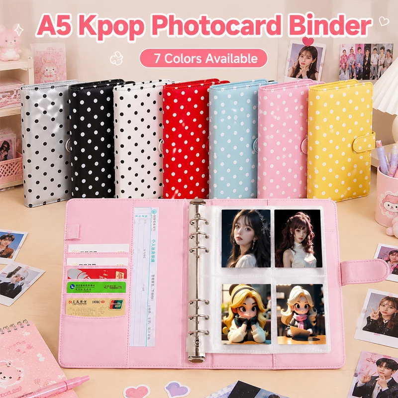 A5 6-Hole Loose Leaf Polka Dots Binder Photocards Collect Book Kpop Photo Albums Diary Agenda Planner Cover Cash Budget Storage