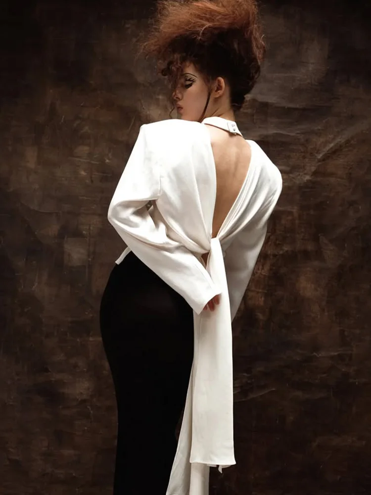 CNYISHE High Collar Backless Lace-up Long Sleeve Women Tops Solid Sexy Club Casual Elegant Tees Female Sheath Trendy Autum - Image 2