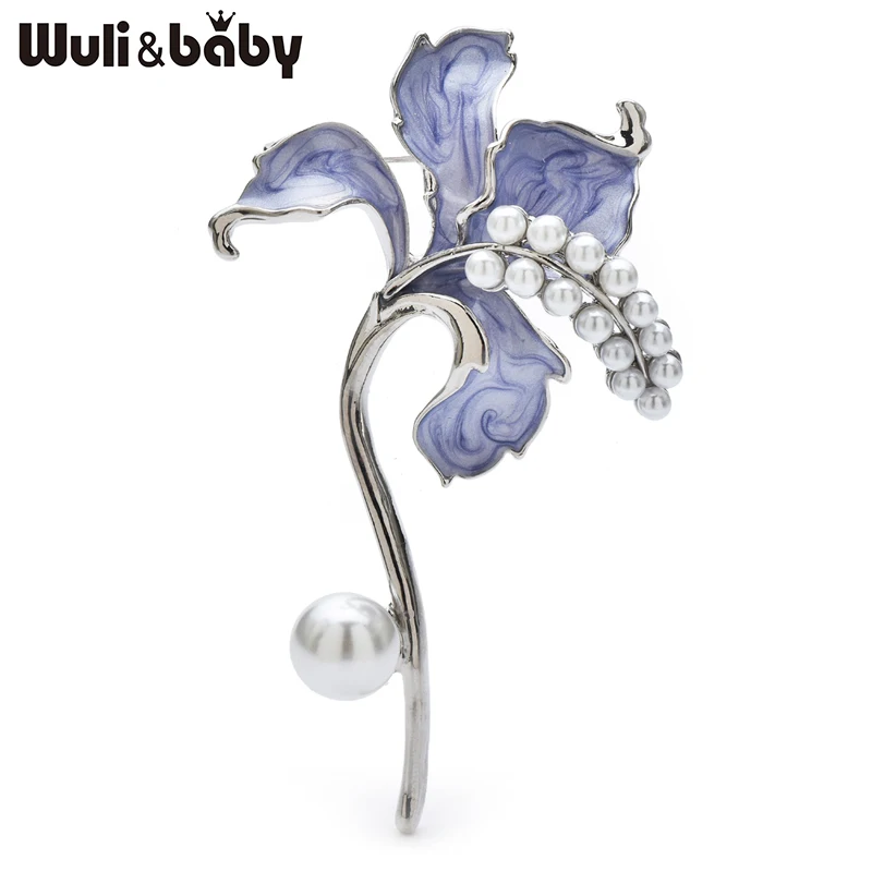 Wuli&baby Pretty Enamel Pearl Flower Brooches For Women Unisex 2-color Lily Flowers Plants Party Office Brooch Pins Gifts