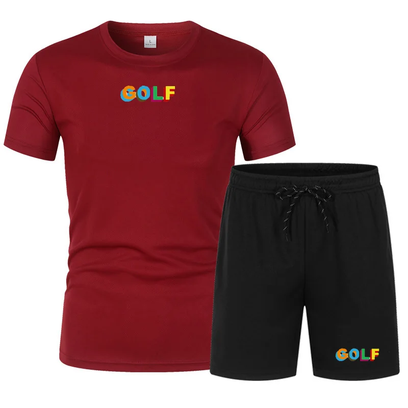 Zomer Golf Logo Kleur Afdrukken Mannen Sportkleding Tweedelige Pak Fitness Uniform Korte Mouwen Blauw T-shirt + shorts