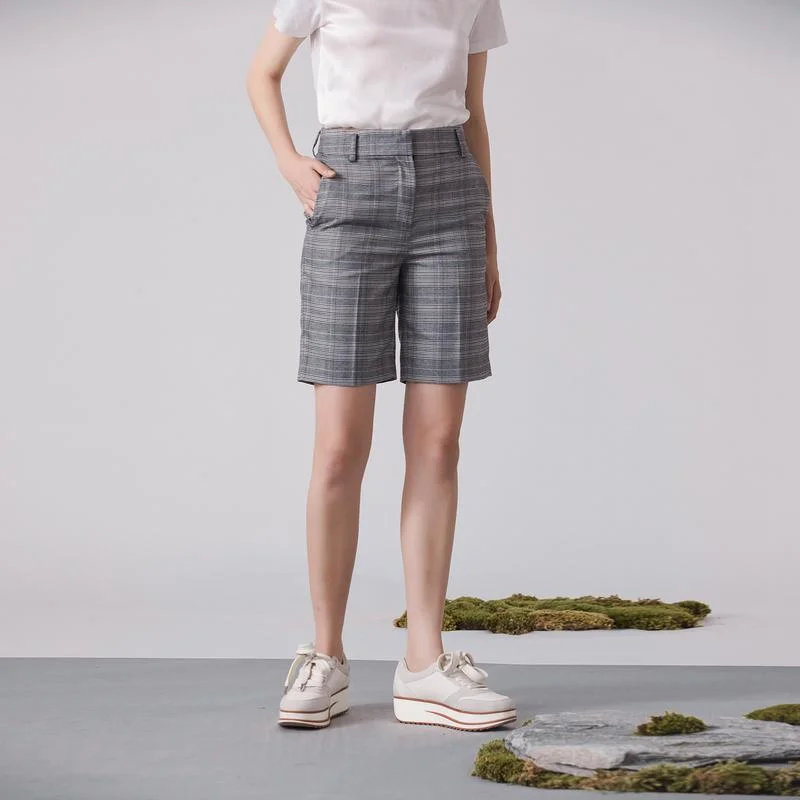 

Classic Plaid High Waist Straight Leg Suit Shorts Women's Casual Pants High Waist Wide Leg Polyester Fiber Summer 2023