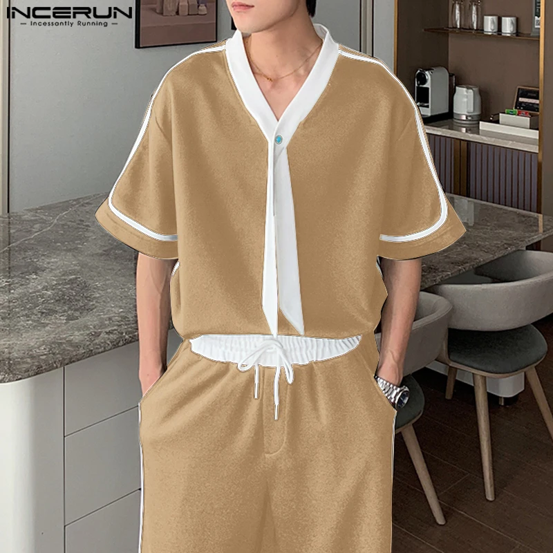 

INCERUN Мужские комплекты в стиле пэчворк, летние свободные футболки с короткими рукавами и брюки, комплекты из двух предметов, уличная одежда, модные мужские повседневные костюмы 2025 года