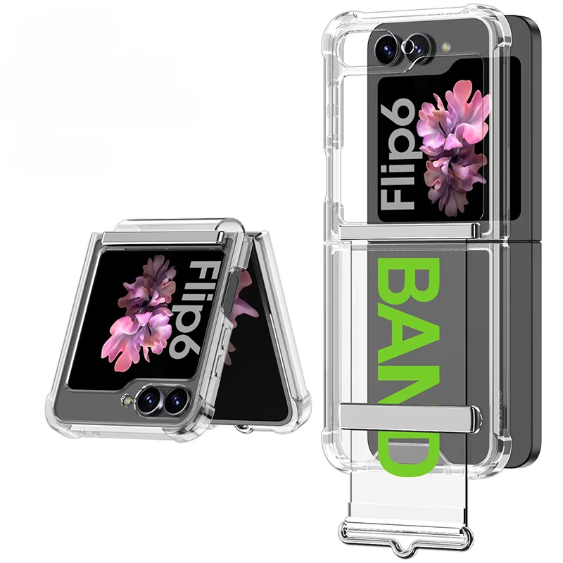 

Transparent Plastic Phone Case for Samsung Galaxy Z Flip 6 5 4 3 Flip6 Flip5 Flip4 Flip3 5G Wrist Strap Bracket Hard Shell Cover