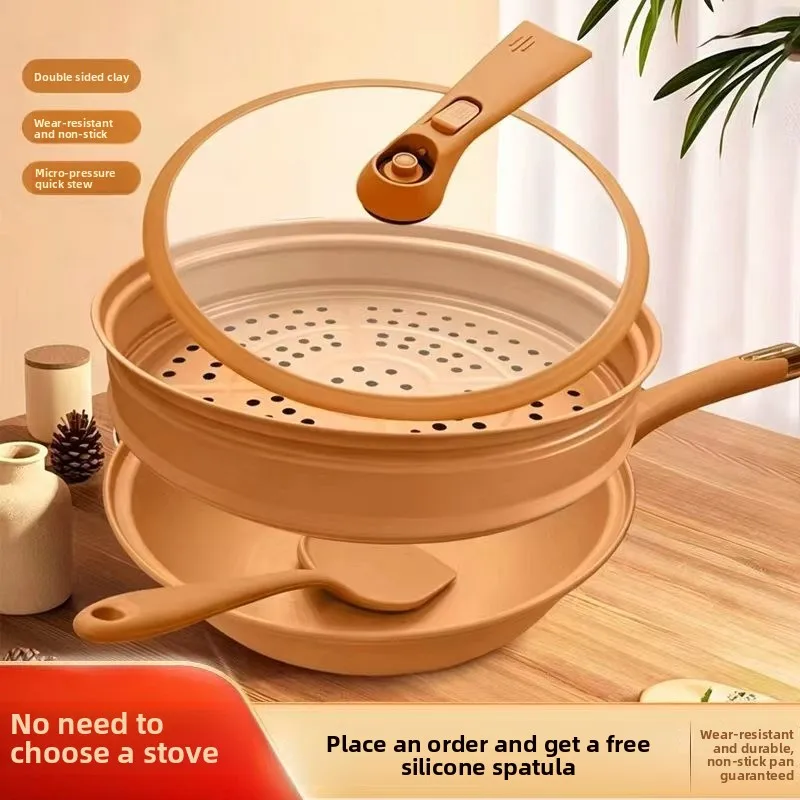 Clay micro-pressure wok cooking multi-functional health care flat-bottomed non-stick pan die-casting pan universal without