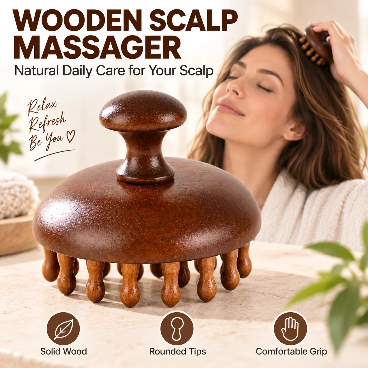 Wooden Scalp Massager, Handheld Wood Massage Comb for Head Meridian Massage, Portable Hair Washing Scalp Relaxation Tool