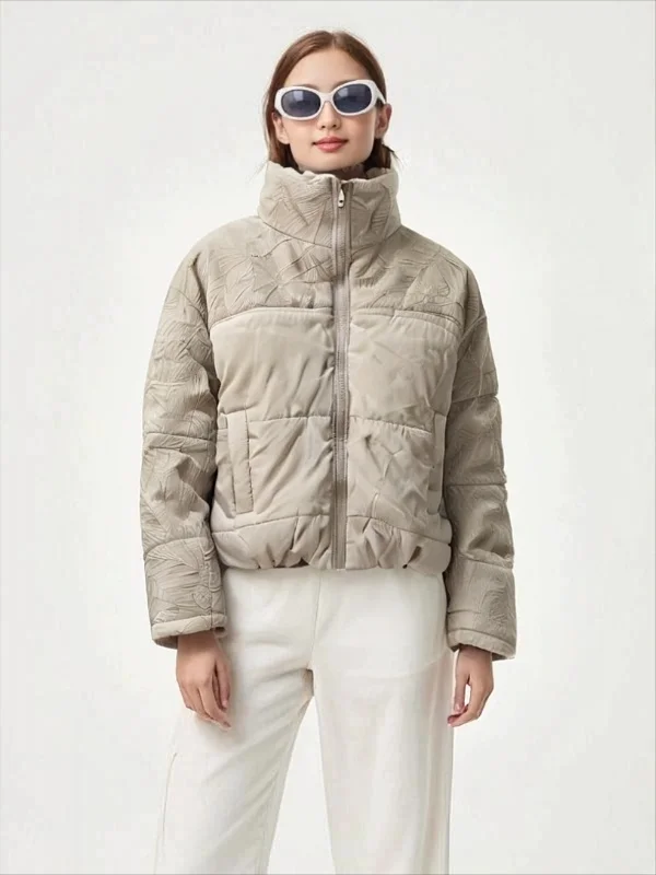 

Miyake Fold 2025 Winter New Solid Color Cotton Clothing Women's Loose Short Style Stand Up Collar Long Sleeve Thick Coat Top