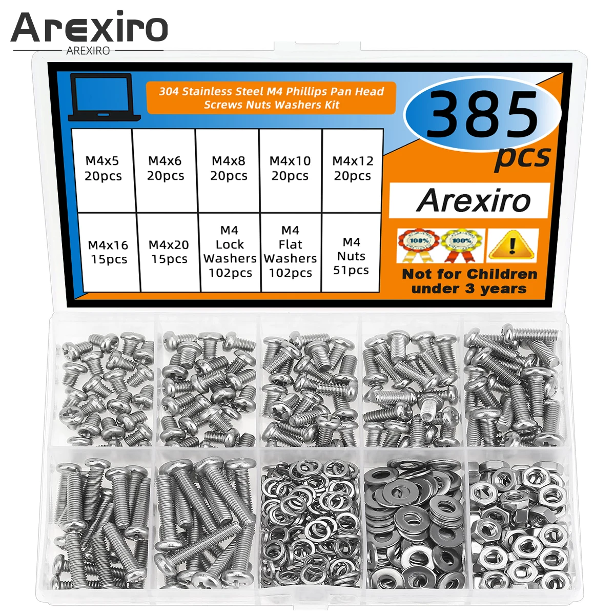 385 قطعة M4 x 5/6/8/10/12/16/20 مللي متر فيليبس شقة رئيس آلة المسمار الجوز غسالة كومبو عدة ، 304 الفولاذ المقاوم للصدأ ، موضوع كامل #1