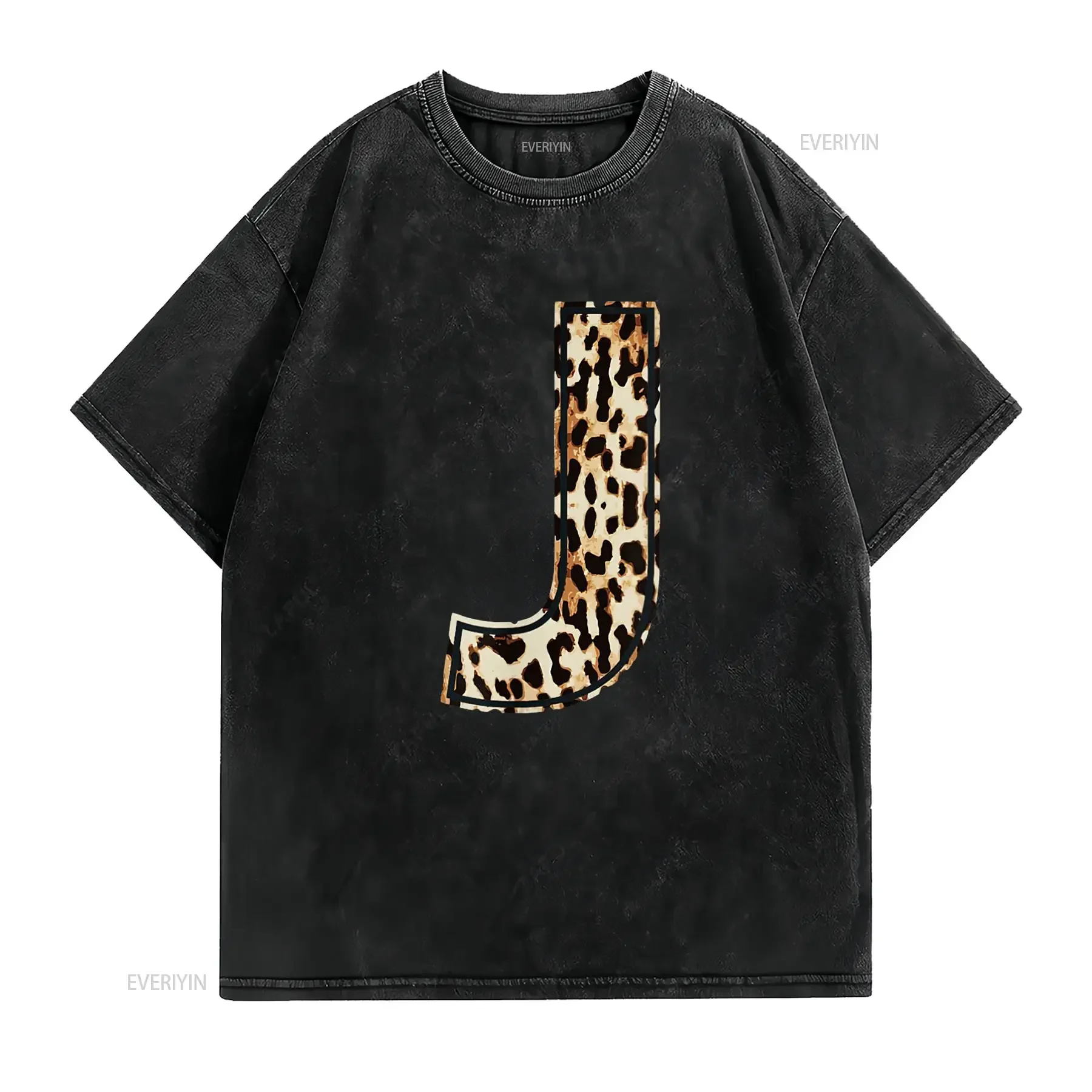 Womens Cool Letter J Initial Name Leopard Cheetah Print T Shirt vintage Washed Comfortable Soft Versatile graphic Breathable