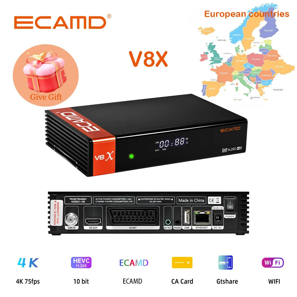 ECAMD V8X Satellite TV Receivers DVB S/S2/S2X 1080P HD Built-in ecam 2.4G WIFI CA Card Slot Smart Media Set Top Box Spanish spot