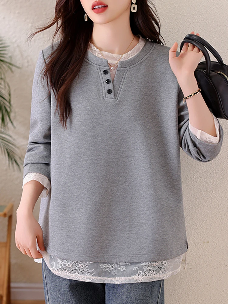 Camiseta Feminina Casual de Primavera 2026 com Efeito Emagrecedor, Renda, Manga Longa, Caimento Solto e Versátil