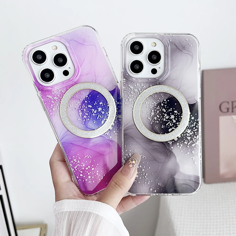 Glitter Dream Shell Crack Marble Magnetic For Magsafe Wireless Charging Phone Case For iPhone 14 13 12 Pro Max Shockproof Cover