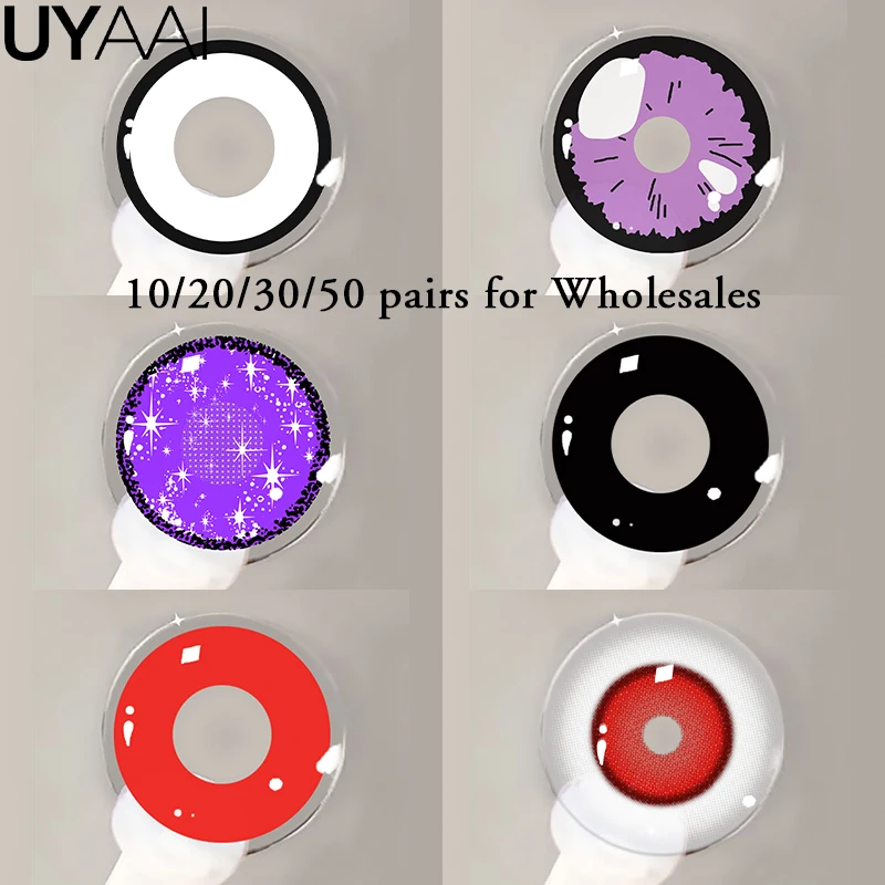Uyaai Großhandel billige Cosplay Kontaktlinsen weiße Linsen für Halloween schwarz Anime Linsen lila farbige Linse rot Make-up Linse