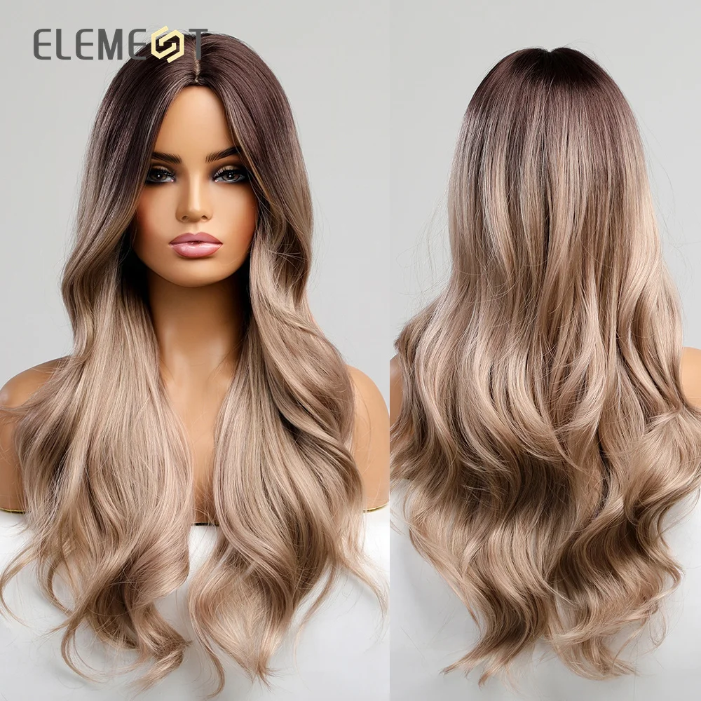 

ELEMENT Synthetic Long Body Wavy Ombre Brown to Blond Middle Part Wigs for Women Heat Resistant Party Daily Wig Hair Breathable