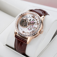 OBLVLO Men's Fashion Tourbillon Watch Rose Gold with Diamonds Automatic Movement Retro Genuine Leather Mechanical Watch VMQ-DD