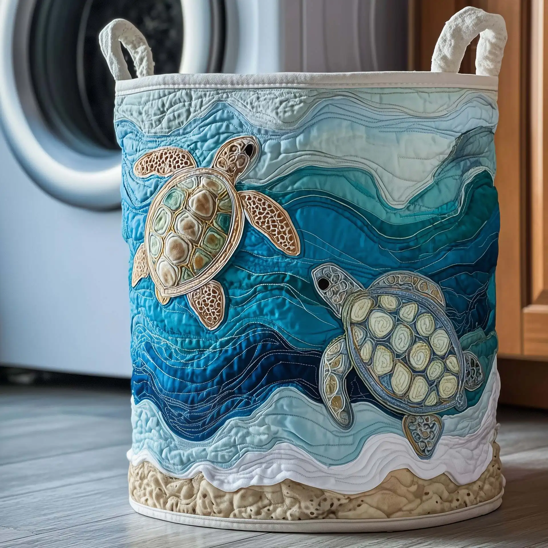 sea-turtle-ocean-wave-quilted-laundry-basket-marine-round-hamper-with-handles-foldable-clothes-storage-bin-for-bathroom-bedroom