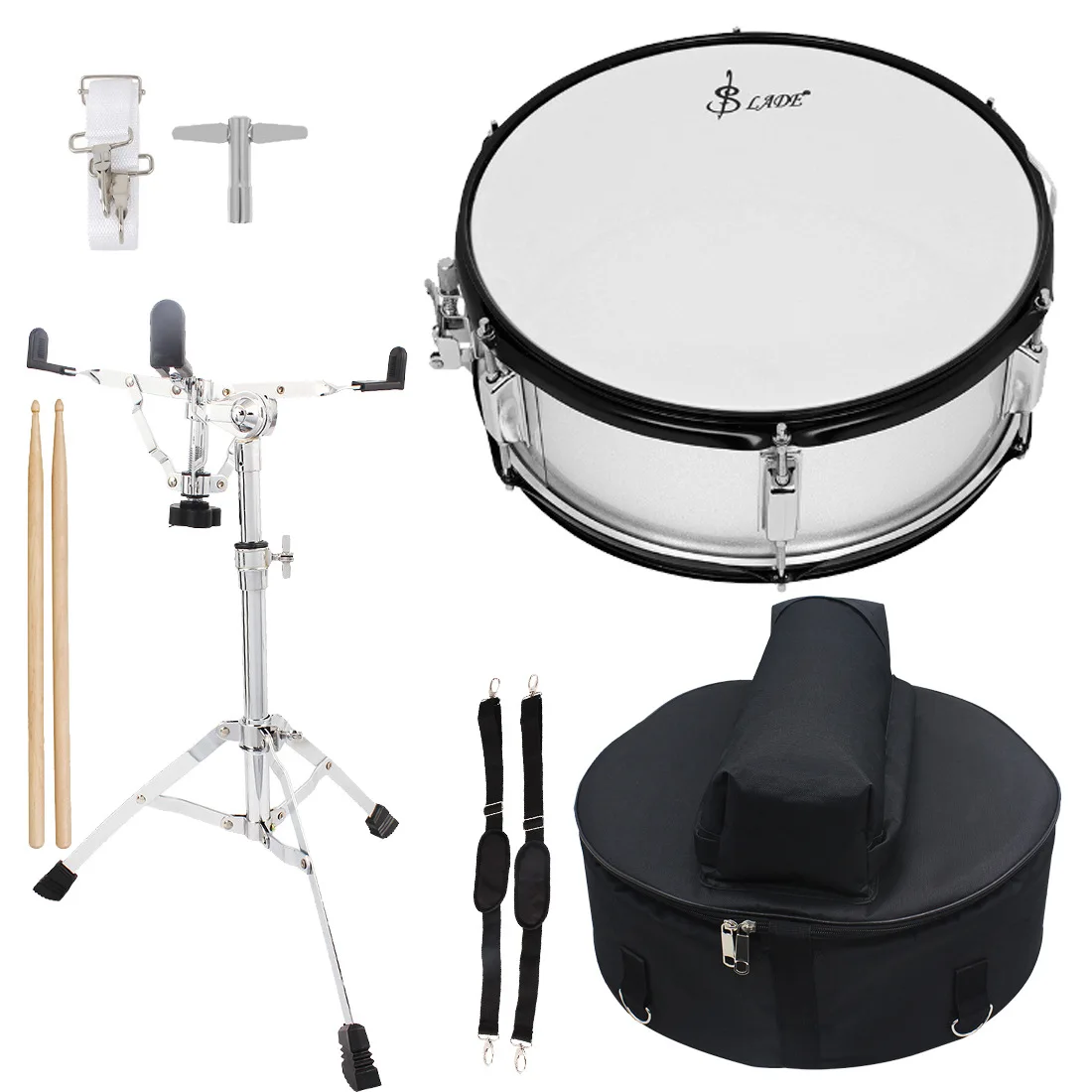 Professional 14 Inch Snare Drum, Silver, Marching Drum Set, Practice and Exam, Drum Stand and Bag Included