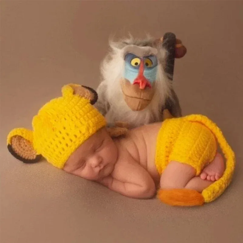 Halloween Photography Outfits Props Simba Lion Hat and Pants Soft Knitted Wool Weaving Costume Sets Newborn Photoshoot Clothing