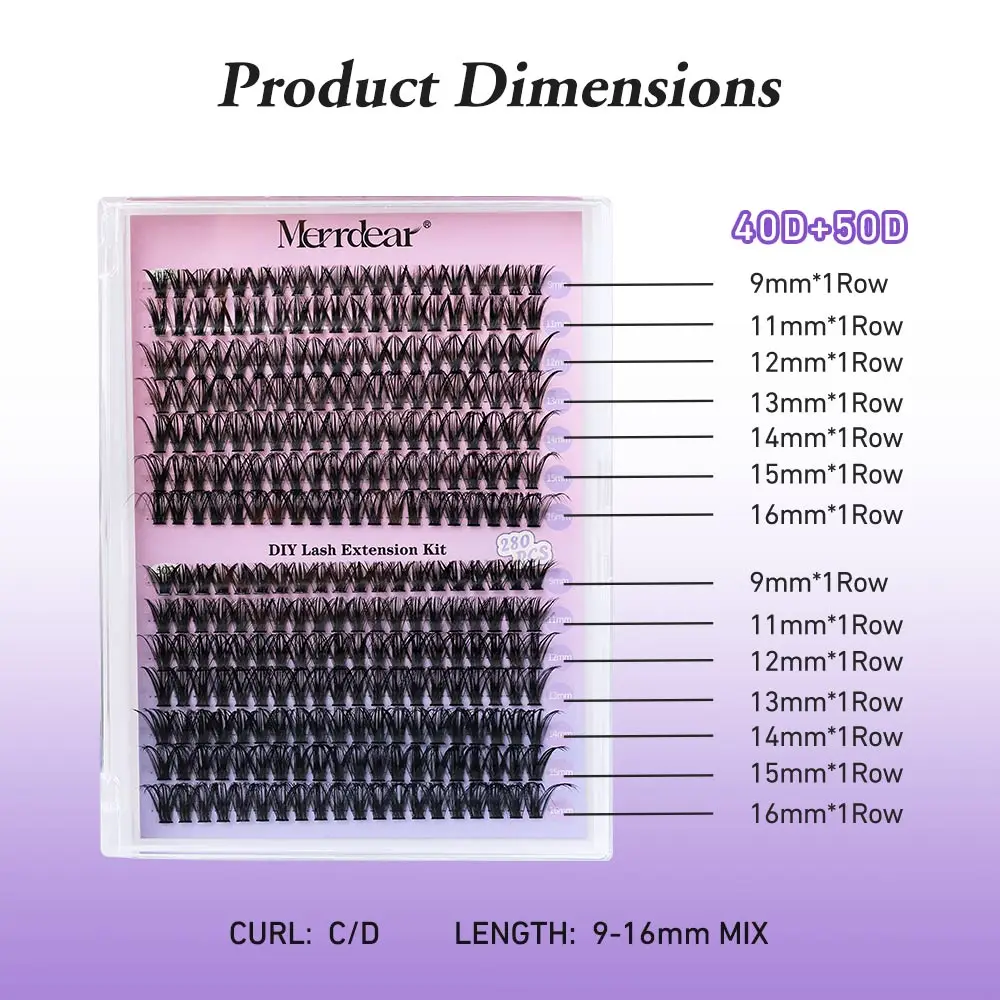  Merrdear DIY 280 PCS Cluster Lashes 3D Natural Bunch 9-16mm Segmented Beam Mink Tufted Eyelash with Bond & Seal C D Curl