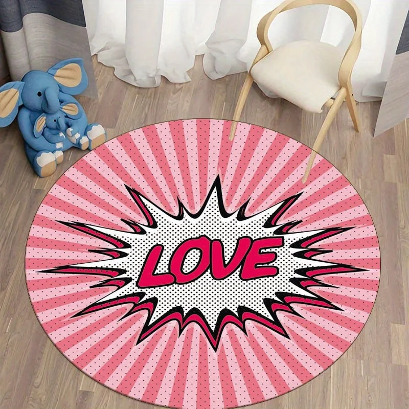 Love Comic Burst Round Rug Pop Art Floor Mat Kids Room Decor Soft Non Slip Carpet Nursery Play Area Cute Elephant Theme
