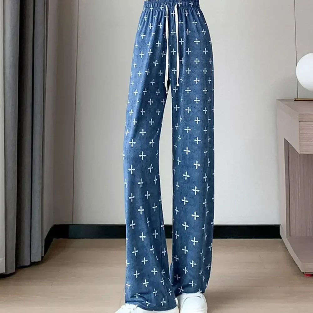 New Stylish Wide Leg Pants Wide Leg Pants Drawstring Female Flower Print Lattern Letter Pants Slight Elasticity