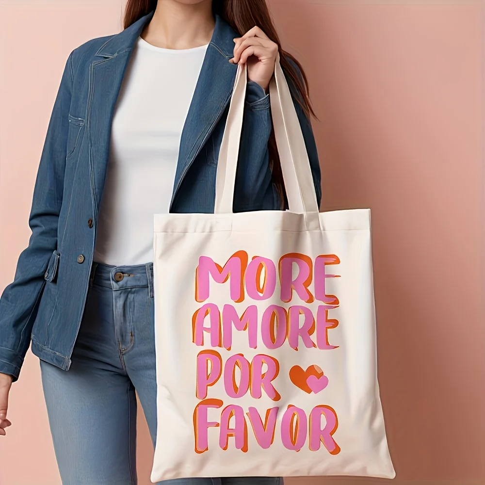 1 MORE AMORE POR FAVOR Reusable Tote Bag - Durable Polyester Shopping Bag, Pink Orange Letter Design, for Beach, Shopping, Trave