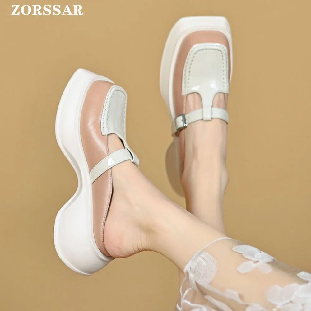 Flat Platform Shoes Women Summer Slippers Women\'s Flats Genuine Leather Slingbacks Ladies Casual Lazy Ladies Mules Footwear