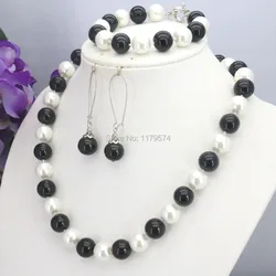 Christmas Gift Girl 12mm White&Black Shell Pearl Beads Necklace Bracelet Earrings Sets Jewelry Making Design For Women Wholesale