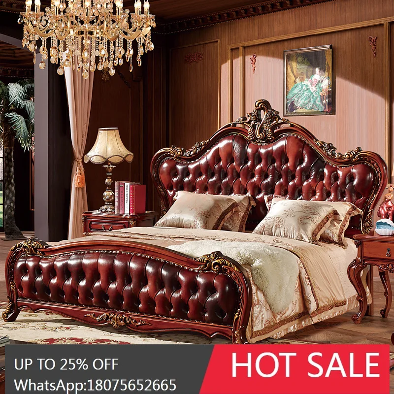 

SGF European Style Genuine Leather Bed American Style Villa Full Solid Wood Double Wedding Bed