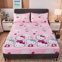 Sanrio-sábanas ajustadas de Hello Kitty para niñas, Protector de colchón antideslizante con estampado de dibujos animados Kt, ropa de cama Kawaii