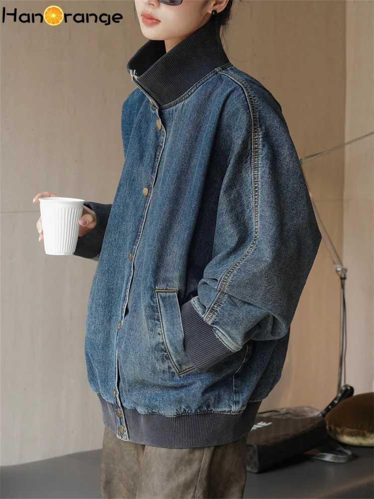 HanOrange 2026 Spring Vintage Street Stand Neck Denim Motorcycle Jacket Women Loose Silhouette Casual Coat Female Blue