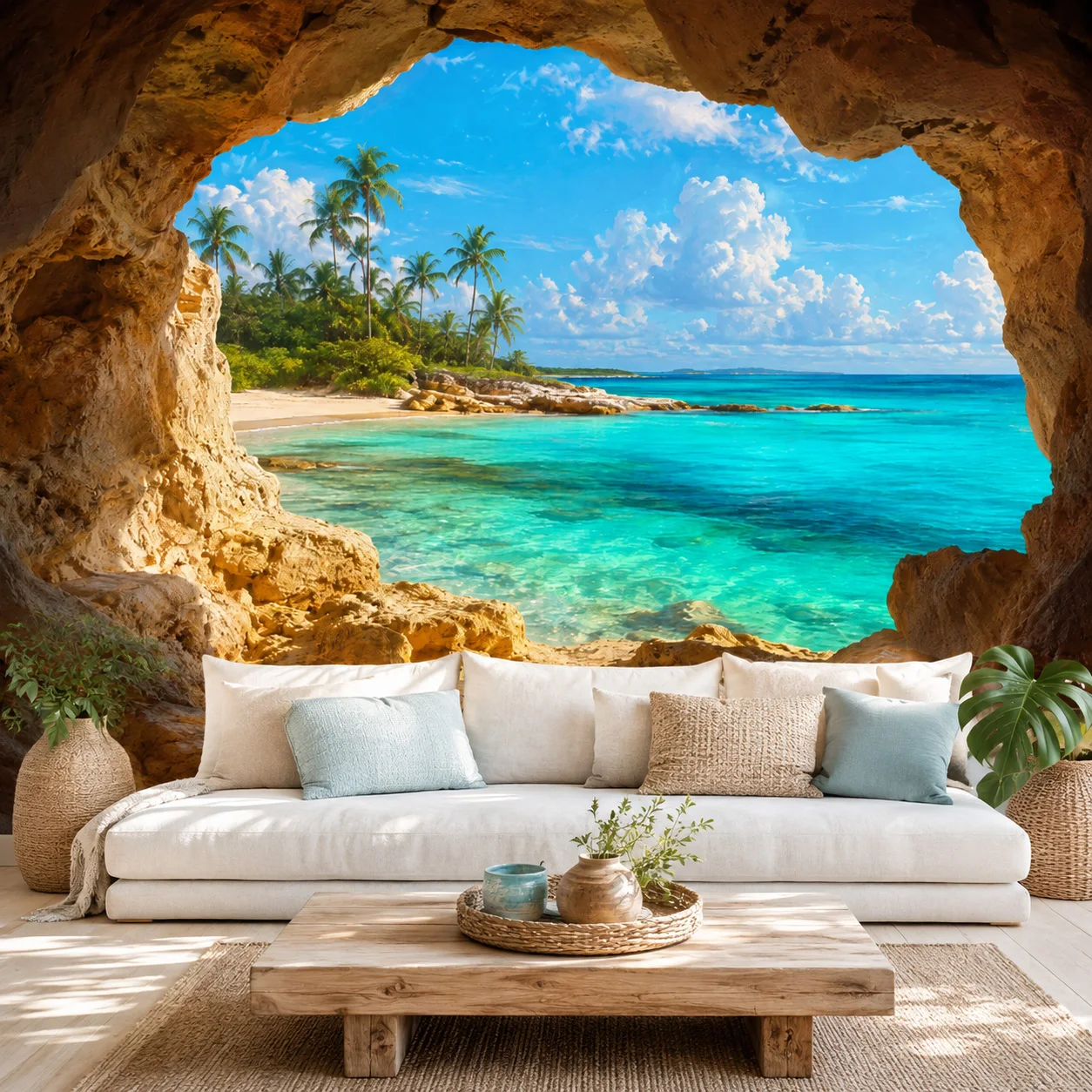 Tropical Beach Cave Wallpaper Mural Turquoise Ocean Palm Trees Paradise Island Wall Decor Living Room Non Self Adhesive