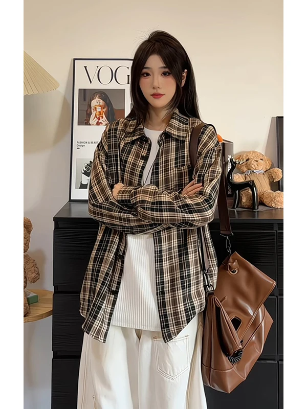

American Retro Plaid irt Men's Spring Autumn Loose Long Sve Casual Collar Outerwear Comfortable Breathable Regular Fit
