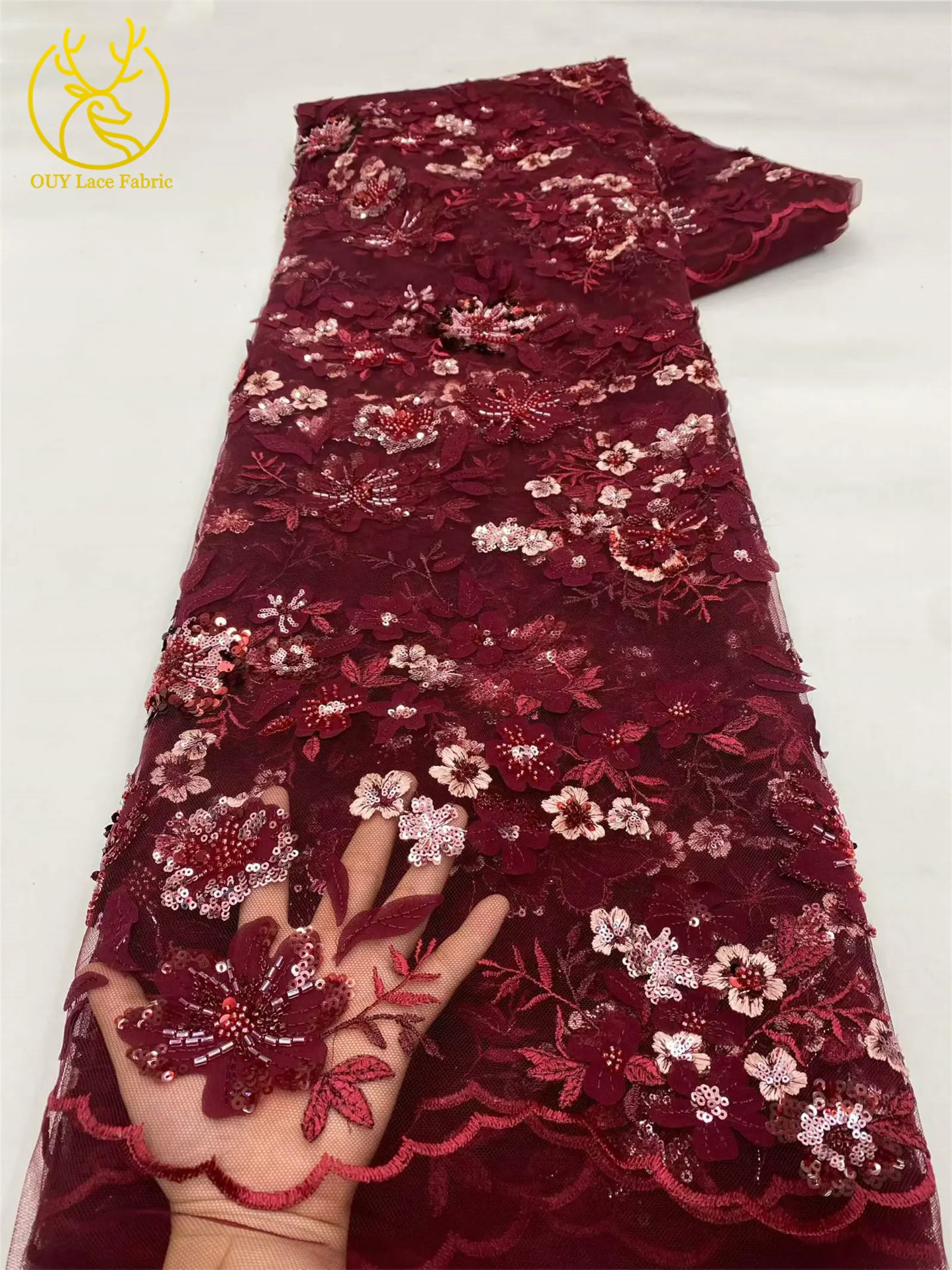 Eleganter Spitzenstoff mit Blumenstickerei und Pailletten, französischer Tüll mit Perlen, afrikanischer Spitzenstoff, nigerianische Spitze für Party- und Ballkleider – Detail 8